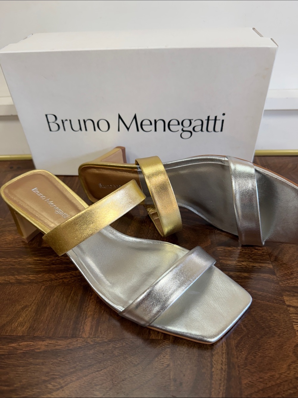 Bruno Menegatti Trisha Silver & Gold Double-Strap Slide Heels. 8